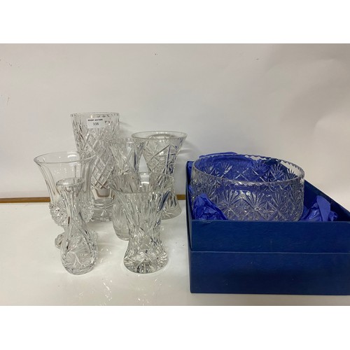 338 - Selection of cut glass vases and a BRK 24% lead crystal bowl measuring 22 cms diameter