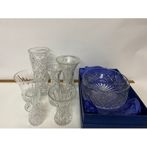 338 - Selection of cut glass vases and a BRK 24% lead crystal bowl measuring 22 cms diameter