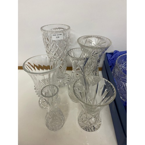 338 - Selection of cut glass vases and a BRK 24% lead crystal bowl measuring 22 cms diameter