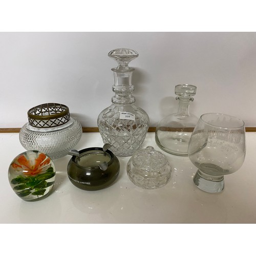 339 - Selection of glass including decanters, paperweight, ashtray, bowls and a Elmslie girls school glass