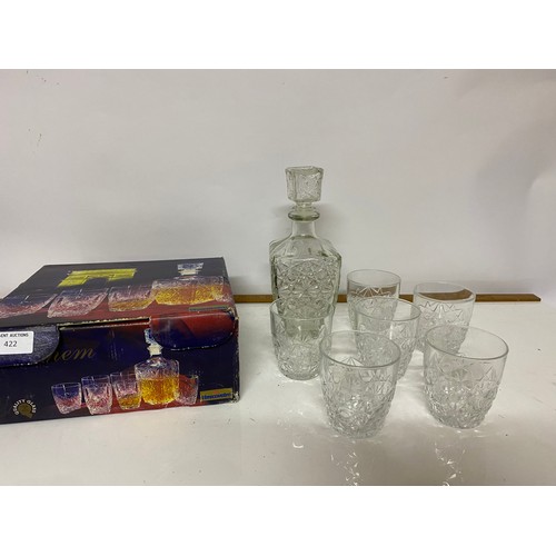 422 - Luxchem Verecovetro cut glass decanter and 6 x glasses, in original box