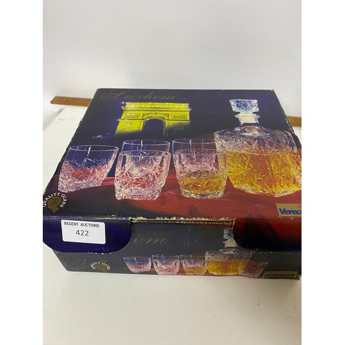 422 - Luxchem Verecovetro cut glass decanter and 6 x glasses, in original box