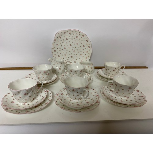 344 - A Queens teaset 'fleur' design comprising 6 x trio's, milk jug, sugar bowl and cake plate