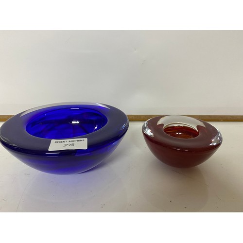 395 - 2 x Kosta Boda glass dishes, largest measuring 17 cms diameter