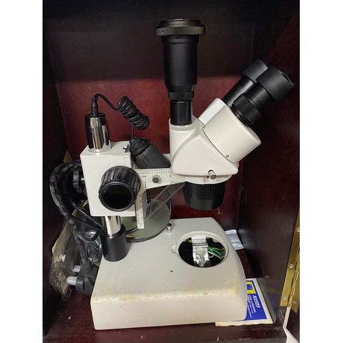 411 - Brunel trinocular microscope in wooden box with instructions