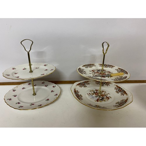 349 - Single cake stand on legs from Grindley and 2 double cakestands with small cake knife