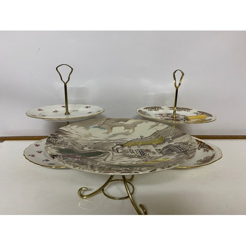 349 - Single cake stand on legs from Grindley and 2 double cakestands with small cake knife