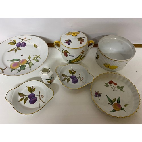 334 - Selection of Royal Worceter 'Evesham' design comprising bean pot and lid, flan dish, cake plate, sou... 