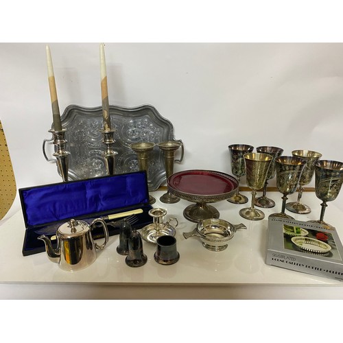 449 - Large selection of metalware including candlesticks, tray and goblets