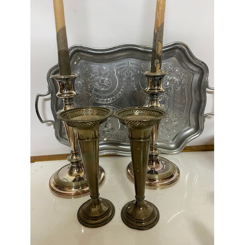 449 - Large selection of metalware including candlesticks, tray and goblets