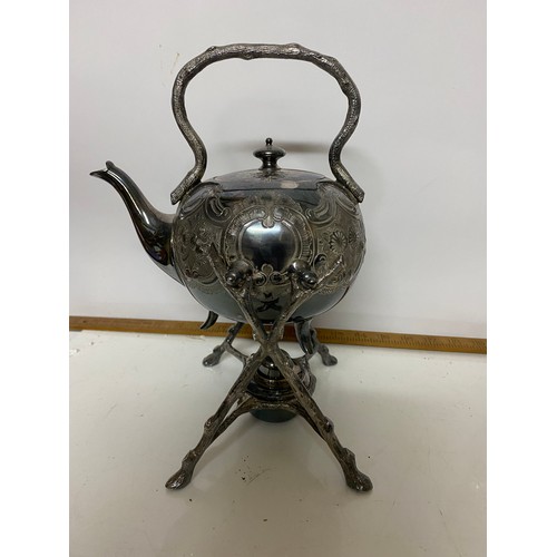 454 - Antique spirit kettle from CT & Co, inscribed tray and glass warmer.