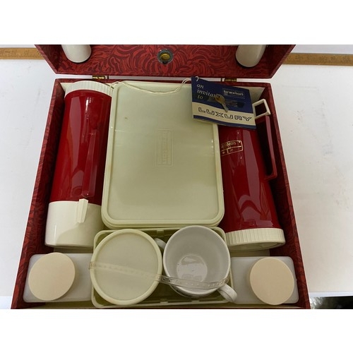 336 - Vintage Brexton picnic set for 2 in red lockable box with key.