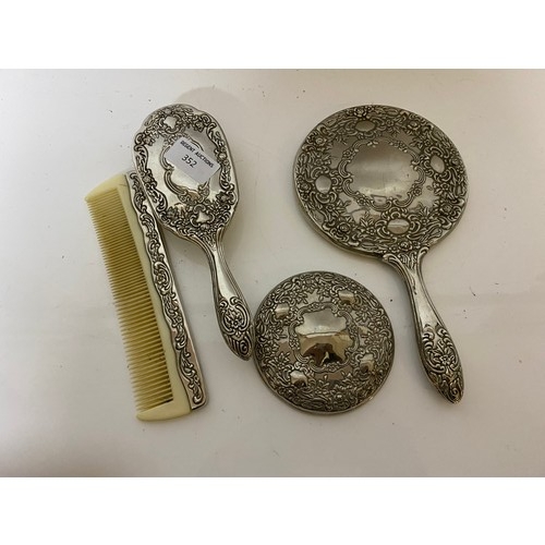 352 - Vintage dressing table set comprising of hand mirror, brush, combe and mirror.