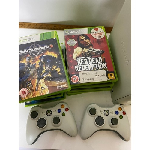 401 - White Xbox 360 with 2 controllers  and dock, leads and 15 games. Fully tested and working