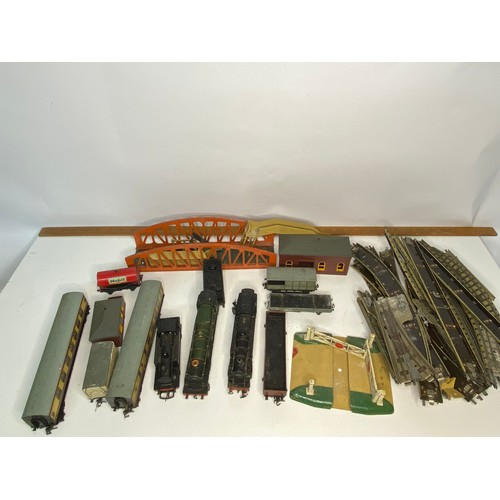 594 - Collection of Hornby Dupio and Triang railway engines, carriages, building and track