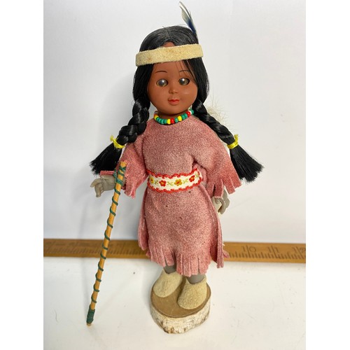 602 - Vintage large porcelain Native American Indian doll on stand and small collectable folk art doll