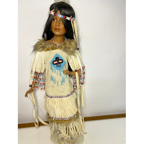 602 - Vintage large porcelain Native American Indian doll on stand and small collectable folk art doll