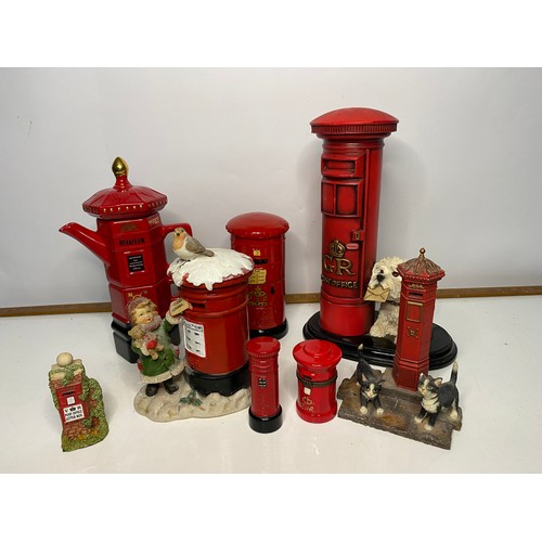 608 - Collection of Red Pillar boxes, Tea for One, pencil sharpener and figurines.