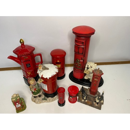 608 - Collection of Red Pillar boxes, Tea for One, pencil sharpener and figurines.