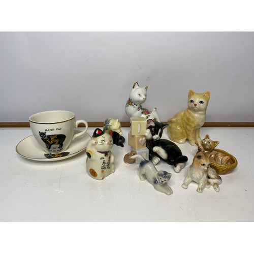 617 - Collection of vintage porcelain cats, plates and Isle of Man cup and saucer.