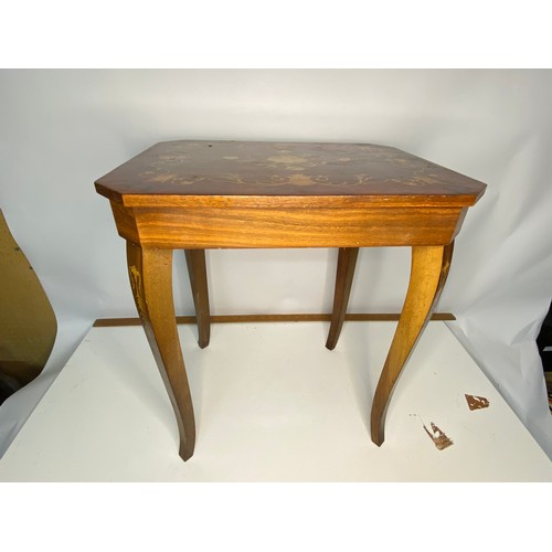 622 - Vintage Italian Musical inlaid wood sewing table with contents.