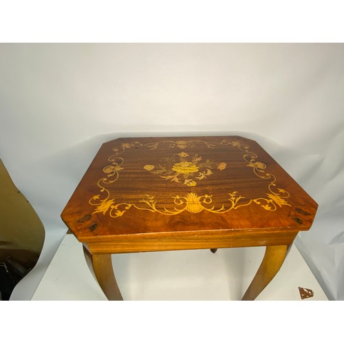 622 - Vintage Italian Musical inlaid wood sewing table with contents.