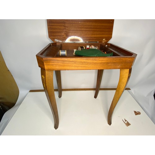 622 - Vintage Italian Musical inlaid wood sewing table with contents.