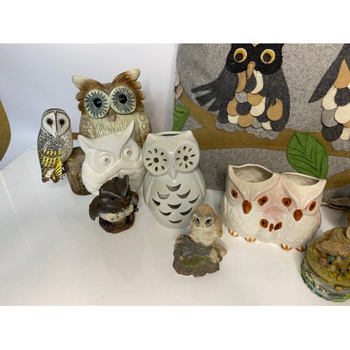 627 - Collection of Owl figurines and cushion