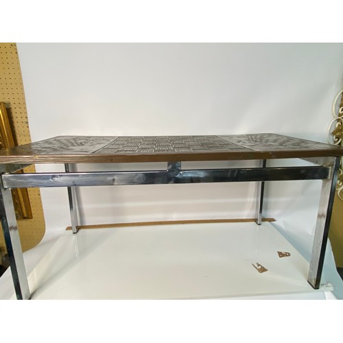 689 - Mid century wood and chrome chess board carved coffee table 90x47cms