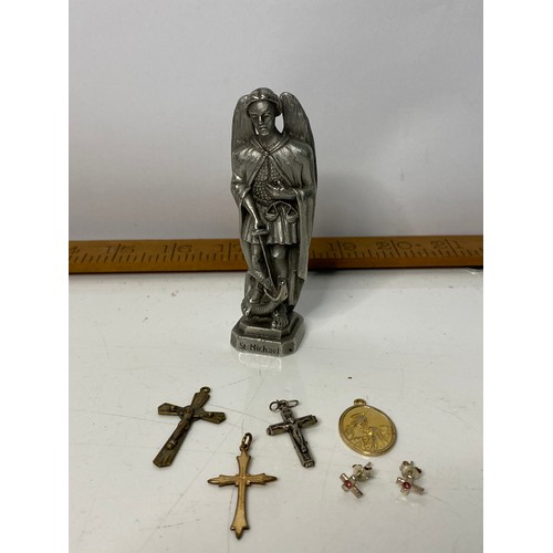 691 - Selection of vintage crucifix's and ear-rings and pewter statue