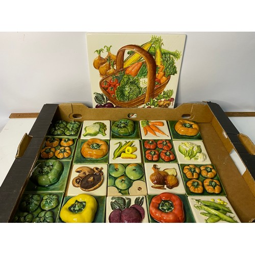 728 - Vegetable tiles depicting various vegetables consisting of 21 kitchen tiles, 20 of which are 10cm sq... 