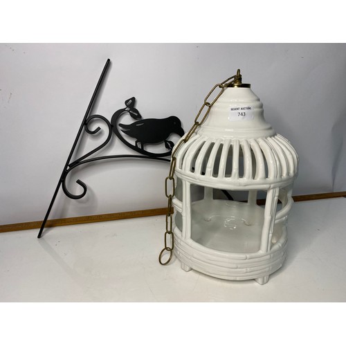 743 - Garden ceramic bird cage hanging basket with metal hanger made in the 1990's in new condition.