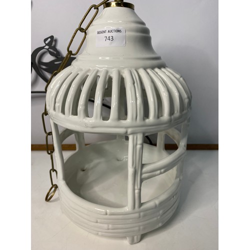 743 - Garden ceramic bird cage hanging basket with metal hanger made in the 1990's in new condition.