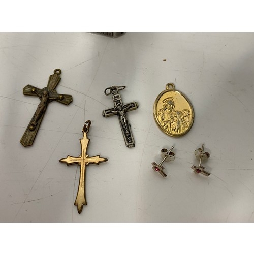 691 - Selection of vintage crucifix's and ear-rings and pewter statue