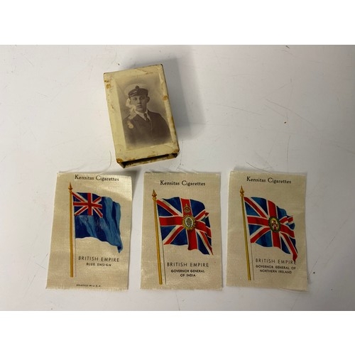 701 - WW1 matchbox holder and 3 x Kensitas cigarettes British Empire silk patches