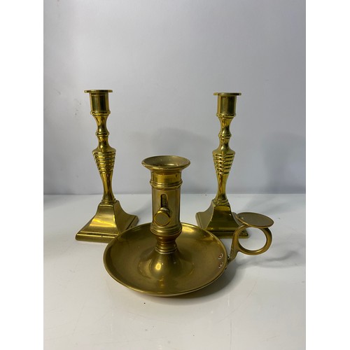 103 - Large pair of brass candlesticks, small pair of candlesticks and a candle holder. Largest candlestic... 