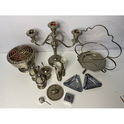 107 - Selection of metalware including posy bowl, cruet set, candleabra etc