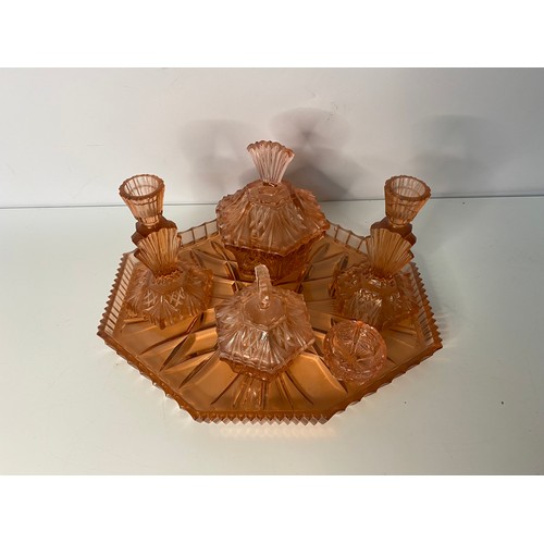 111 - Peach glass dressing table set with tray