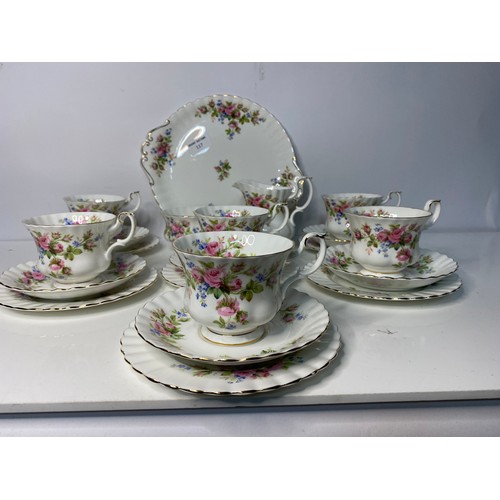 117 - Selection of 6 x Royal Albert 'Moss Rose' trio's and a sandwich plate