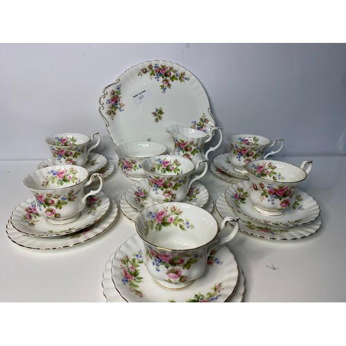 117 - Selection of 6 x Royal Albert 'Moss Rose' trio's and a sandwich plate