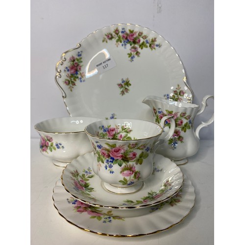 117 - Selection of 6 x Royal Albert 'Moss Rose' trio's and a sandwich plate