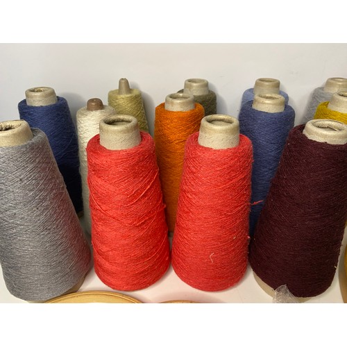 272 - 18 coloured silk yarns on cones from Texere Yarns, with 5 embroidery wooden hoops of 5 different siz... 