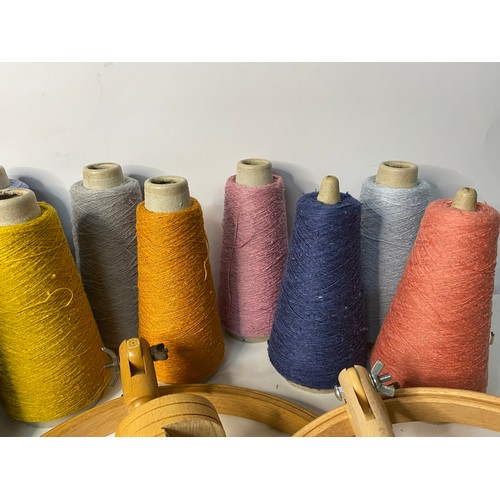 272 - 18 coloured silk yarns on cones from Texere Yarns, with 5 embroidery wooden hoops of 5 different siz... 