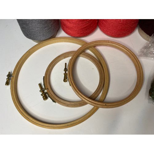 272 - 18 coloured silk yarns on cones from Texere Yarns, with 5 embroidery wooden hoops of 5 different siz... 