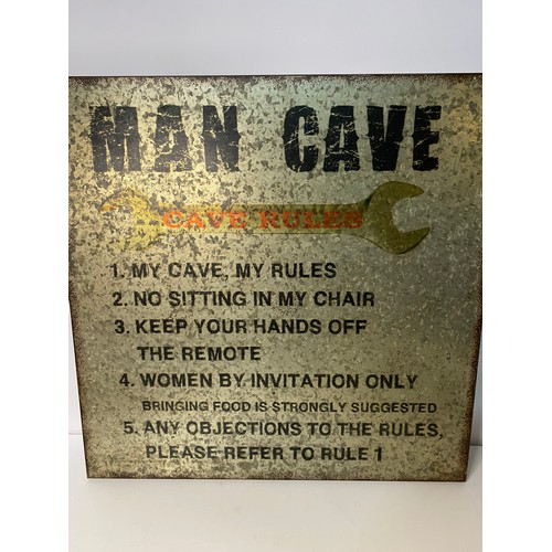 215 - Stainless steel ice bucket in wooden frame and 2 Man Cave signs.