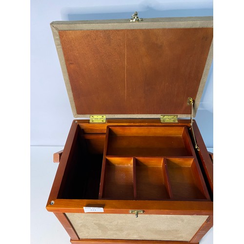 221 - Wooden sewing box with top lid and covered in faux suede measuring 37 x 26 cms