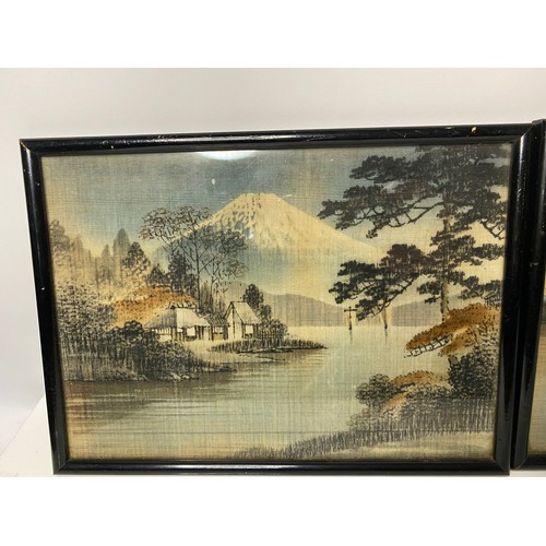 174 - 2 Antique silk print Japanese style pictures in black frames 28x20cms