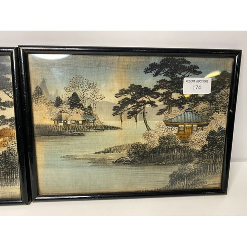 174 - 2 Antique silk print Japanese style pictures in black frames 28x20cms