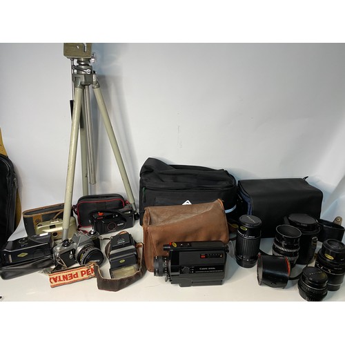 281 - Selection of vintage cameras and accessories including Pentax ME super, various lenses and a Velbon ... 