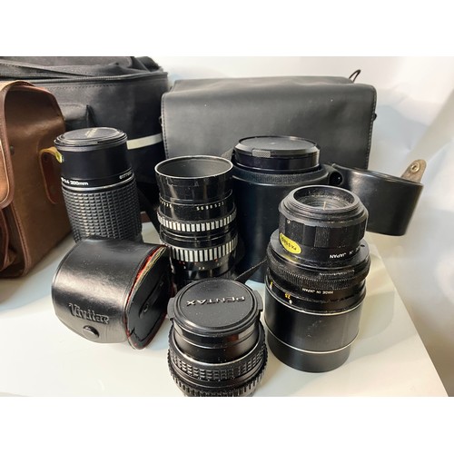 281 - Selection of vintage cameras and accessories including Pentax ME super, various lenses and a Velbon ... 